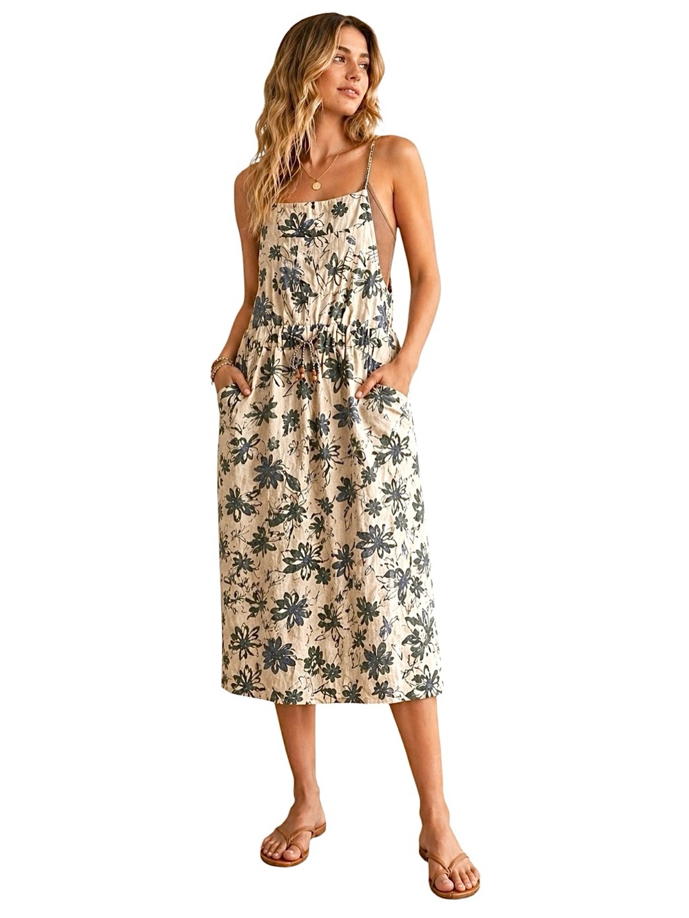 WancaoYi Cotton Ramie Floral Overall Dress Size Small Beige